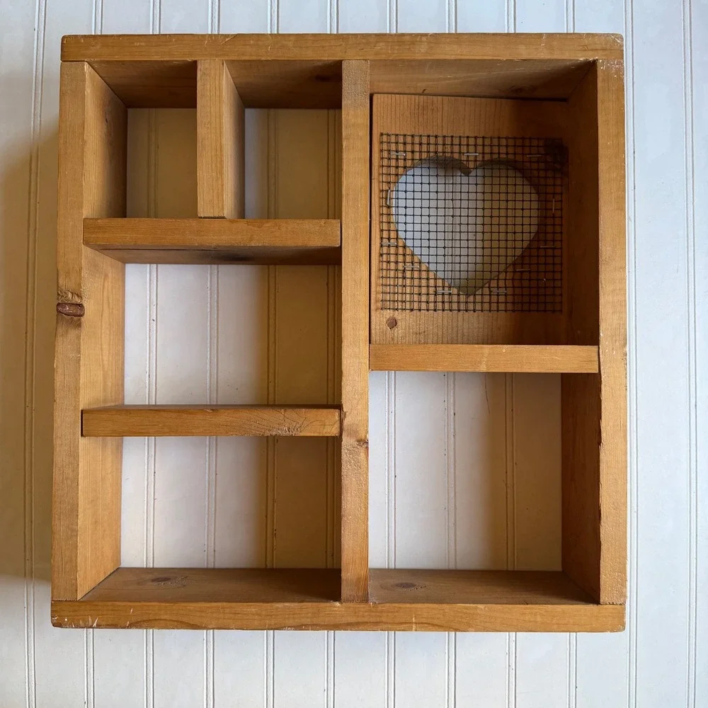 Vintage Rustic Pine Wood Heart Shadow Box Wall Shelf Curio Display Case 15x15
